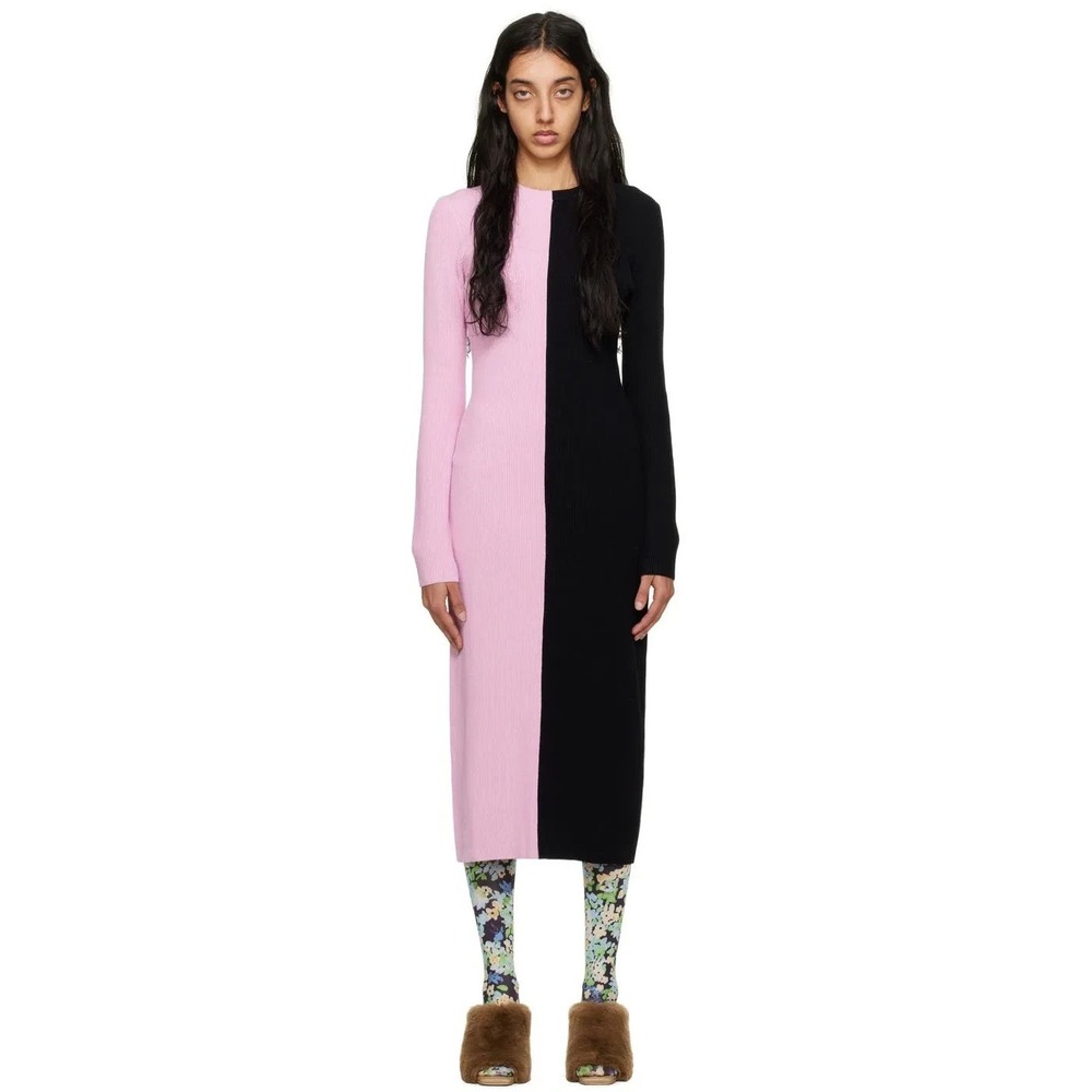 Stine Goya Chiara Colour Block Knit Ribbed Dress In Pink Black Size L
